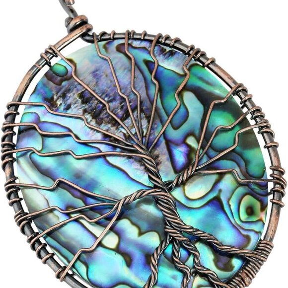 Abalone Shell Stone Pendant Necklace,Oval Wire Wrapped Jewelry - Picture 2 of 7